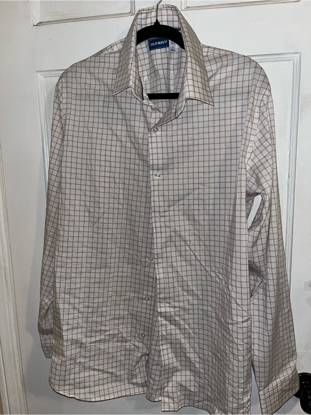 Old Navy Men's White Shirt with Tan Grid Check